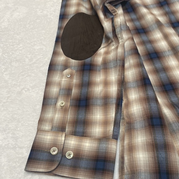 SINGER + SARGENT NWT Plaid Size XL Button Down Shirt Brown Suede Elbow Patches - Picture 9 of 11